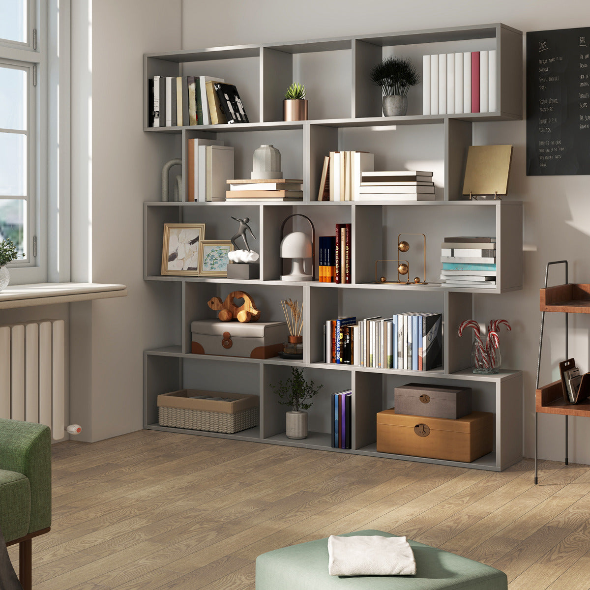 Geometric S-Shaped Bookcase with Anti-Toppling Device for Living Room Home Office-Grey