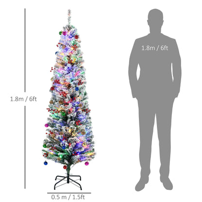 HOMCOM 6' Artificial Prelit Christmas Trees Holiday Decor with Colourful LED Lights, Flocked Tips, Berry, Pine Cone
