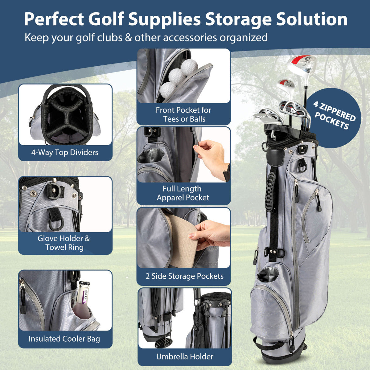 Golf Stand Bag with 4 Way Dividers-Grey