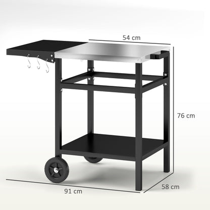 Outsunny BBQ Trolley with Stainless Steel Top and Foldable Side Table, Outdoor Kitchen Barbecue Station with Hooks and Shelf, Pizza Oven Table Movable Outdoor Grill Dining Cart with Cover, Black