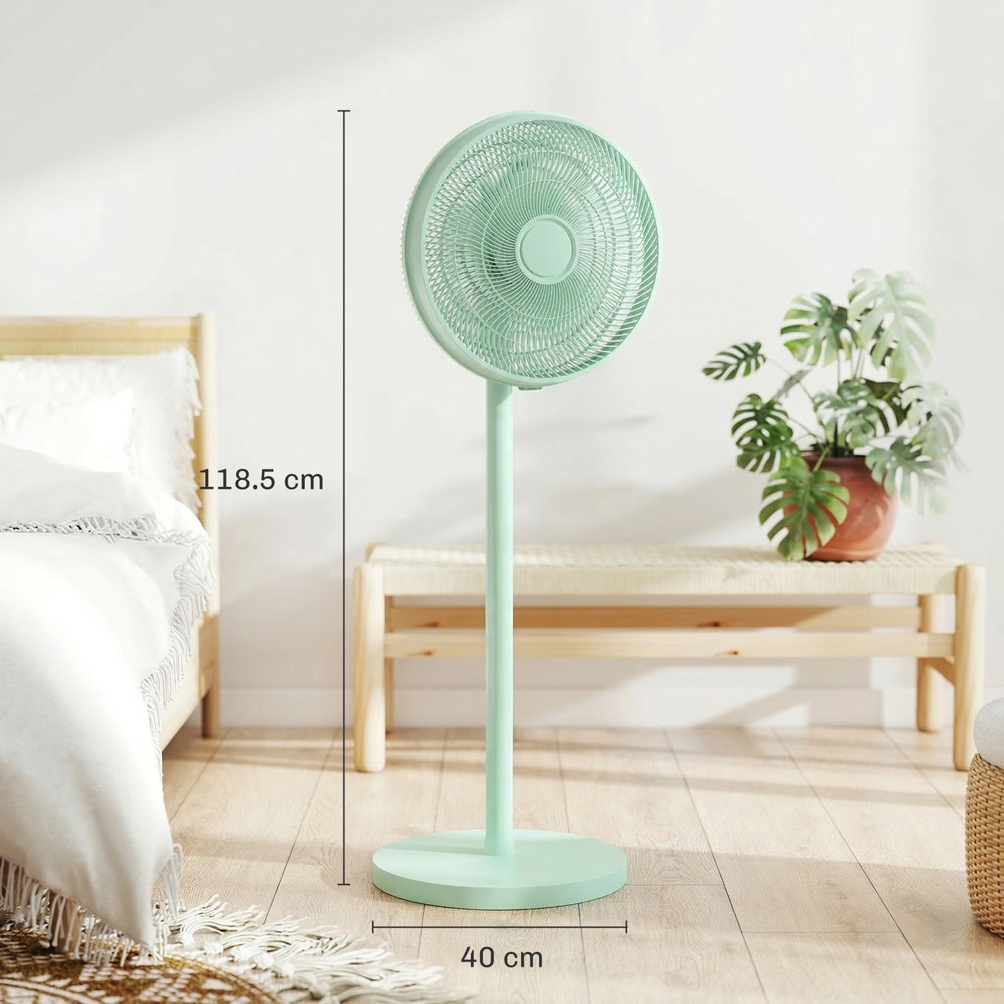 HOMCOM 40 cm Standing Fan, Cooling Floor Fan with 80Â° Oscillating, Adjustable Tilt and Height, 4 Speed, Remote Control, Green