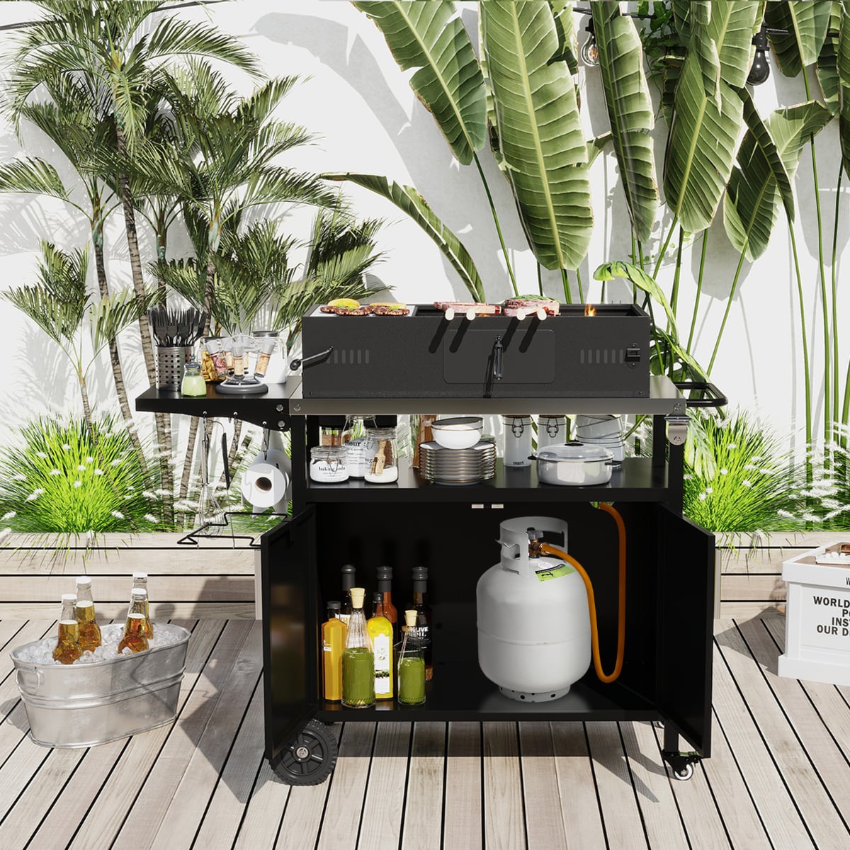 Grill Cart with Storage and Folding Stainless Steel Top-Black