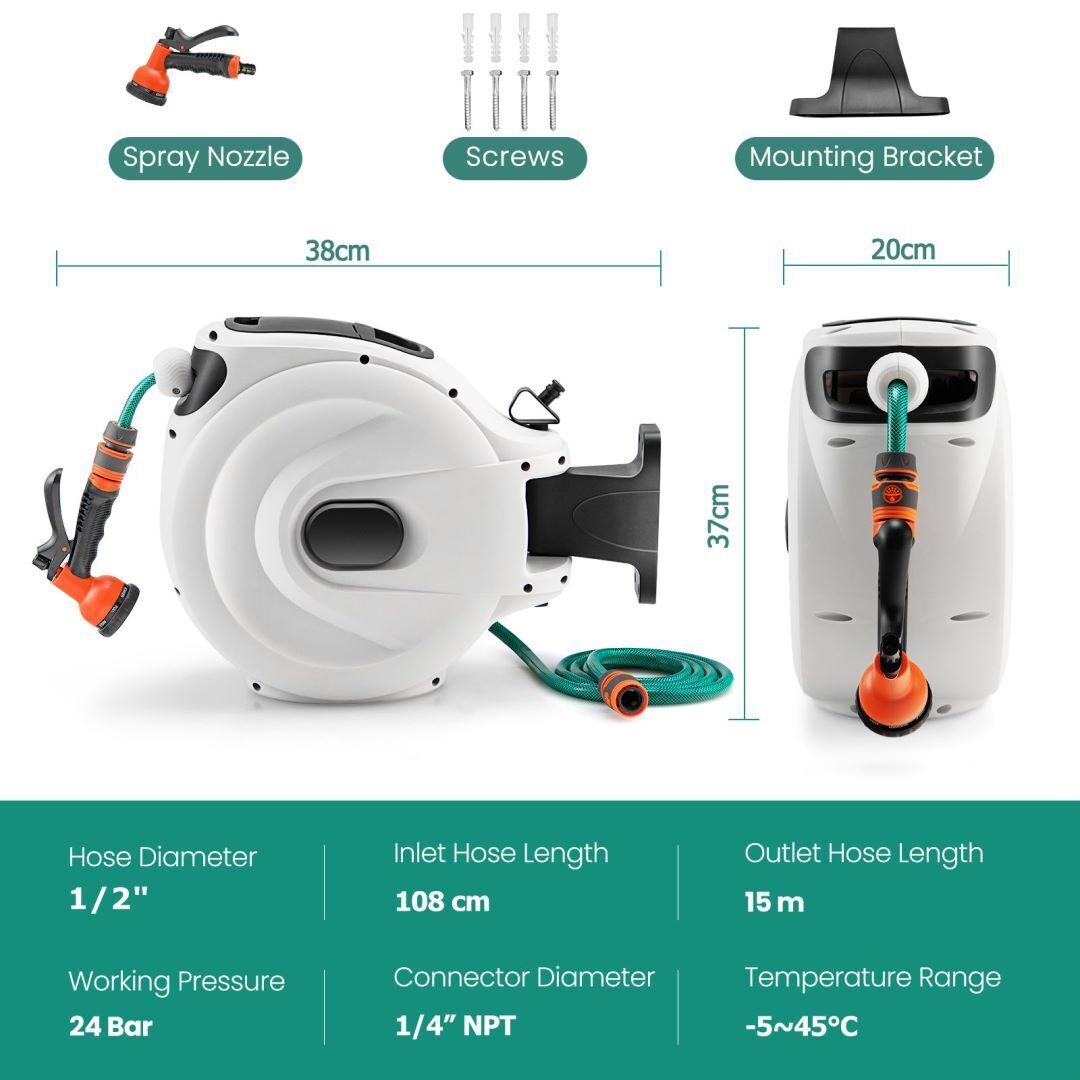 15+1M and 20+2M Wall Mounted Hose Reel Retractable Auto Rewind Watering-15+1M