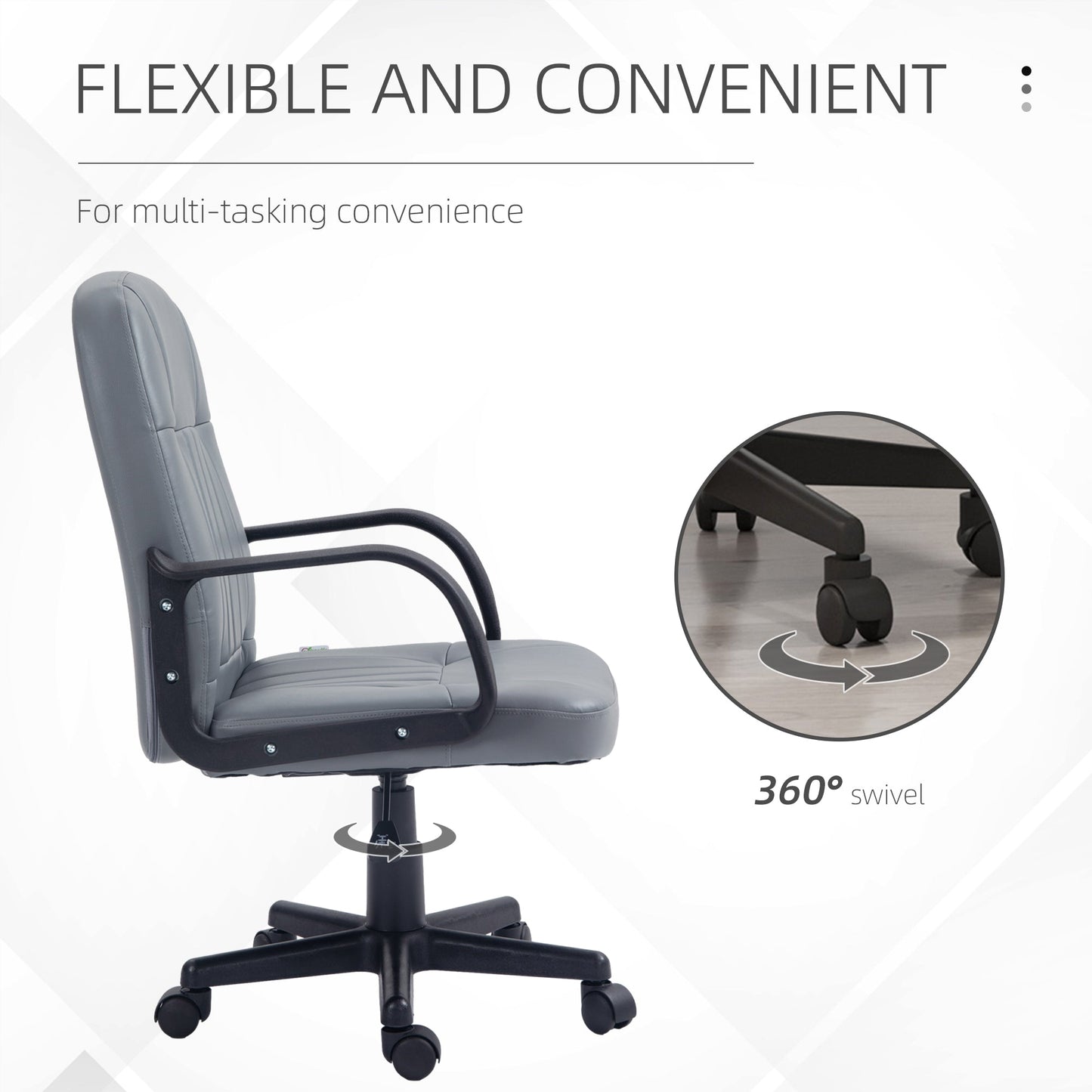HOMCOM Office Chair, PU Leather Computer Desk Chair with Adjustable Height, Swivel Wheels for Home Office Work Study, Grey