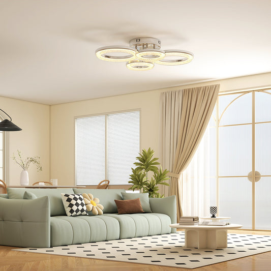 HOMCOM LED Ceiling Light, Modern 4 Rings Ceiling Lamp with Wall Switch Control, 40W 4350lm Flush Mount Ceiling Light with 3500K/4500K/6000K Colour Temperatures for Living Room, Bedroom, Silver Tone
