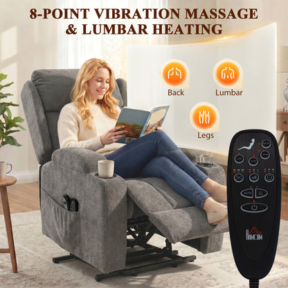 HOMCOM Power Lift Recliner Chair with Vibration Massage and Heat, Chenille Riser and Recliner Armchair for Elderly, Grey