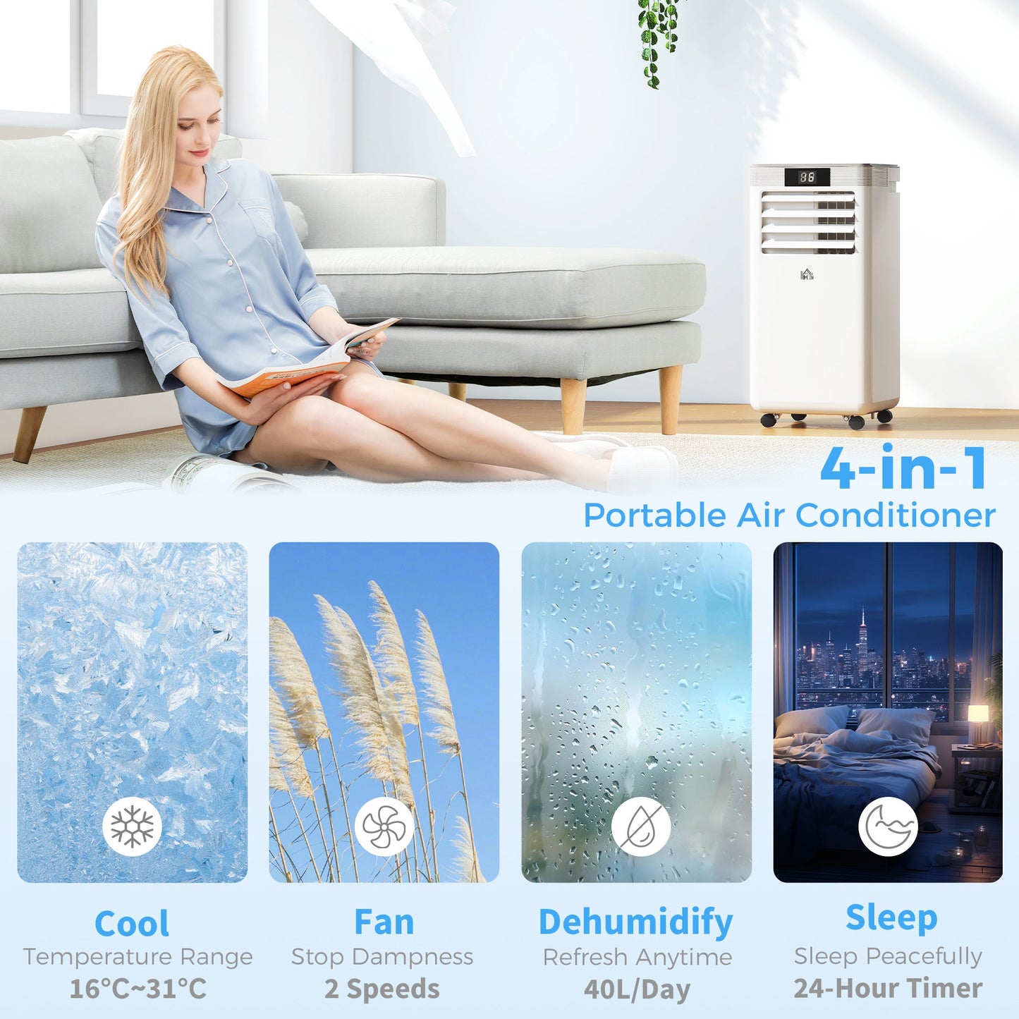 HOMCOM 10000 BTU Air Conditioning Unit, 4-in-1 Portable Air Conditioner, Dehumidifier, Cooling, Fan, Sleep Mode, with Remote Control, LED Display, 2 Speeds, 24H Timer, Window Venting Kit, 22mÂ²