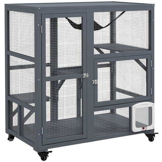 PawHut Cat House, Wooden Indoor Catio Cat Enclosure on Wheels, Wooden Kitty Cage with Platforms, Hammock, Light Grey