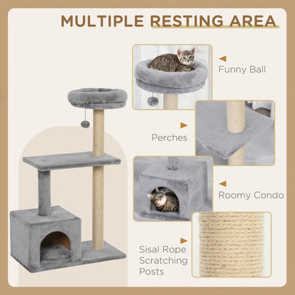 PawHut 96cm Cat Tree for Indoor Cats Condo Sisal Scratching Post Cat Tower Kitten Play House Dangling Ball Activity Center Furniture Grey