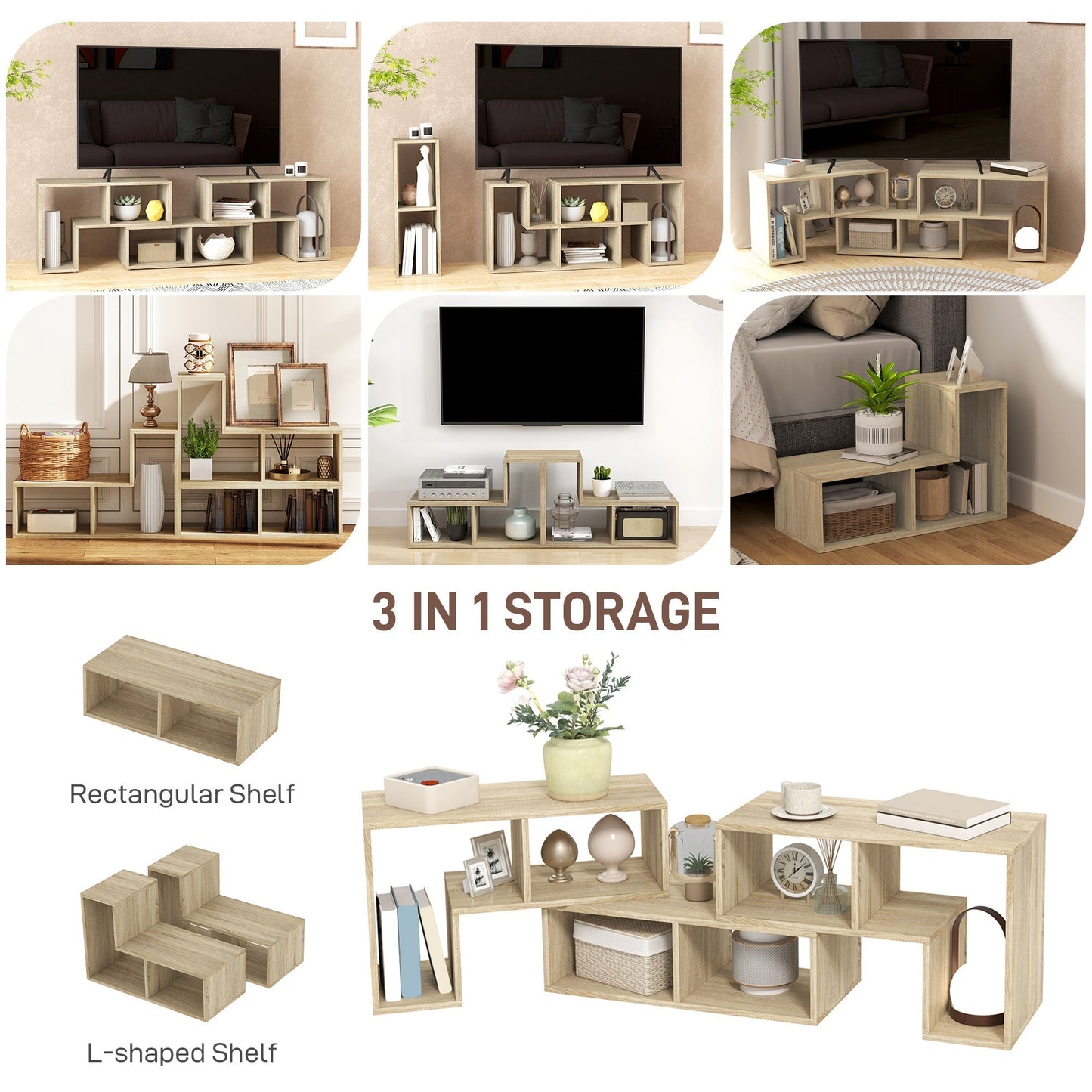 HOMCOM Three-Block Modular TV Stand - Grey Wood-Effect