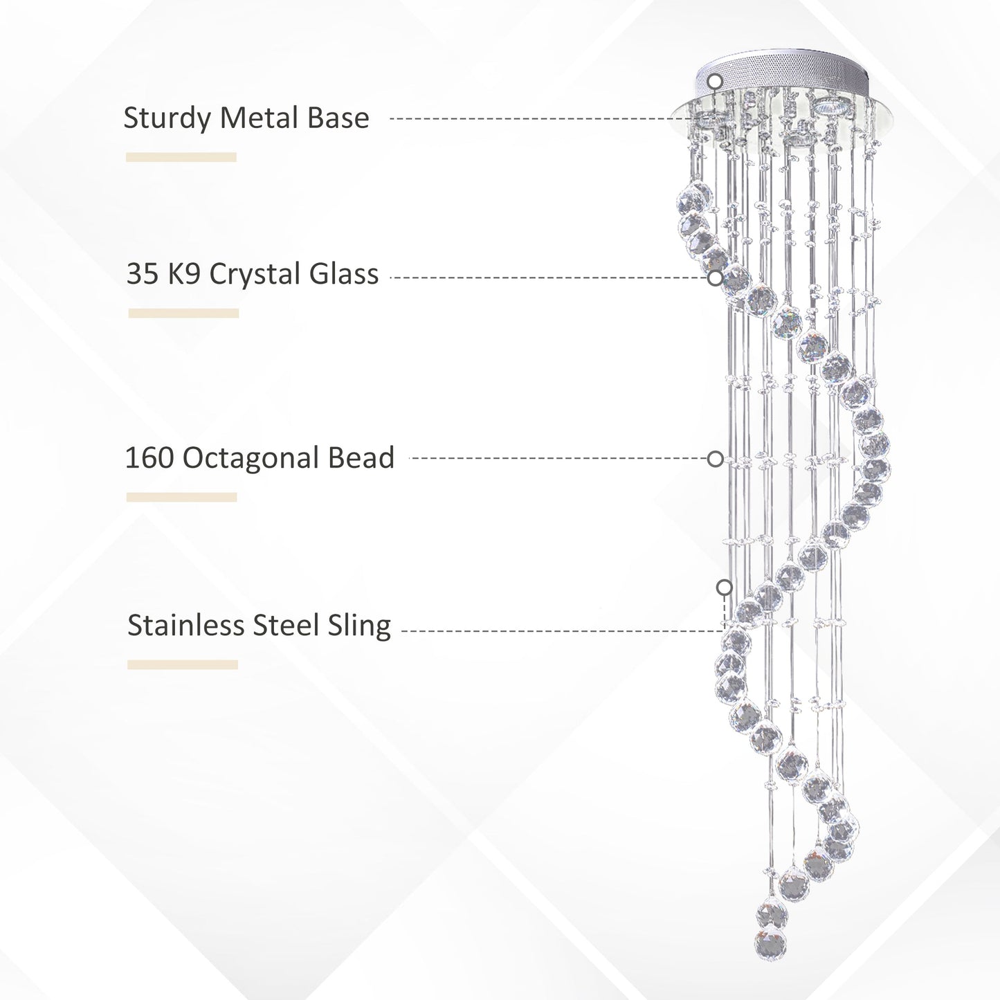HOMCOM Modern Crystal Chandelier Ceiling Light Pendant Lamp Chrome Finish Glass Droplets New, 30 x 120cm