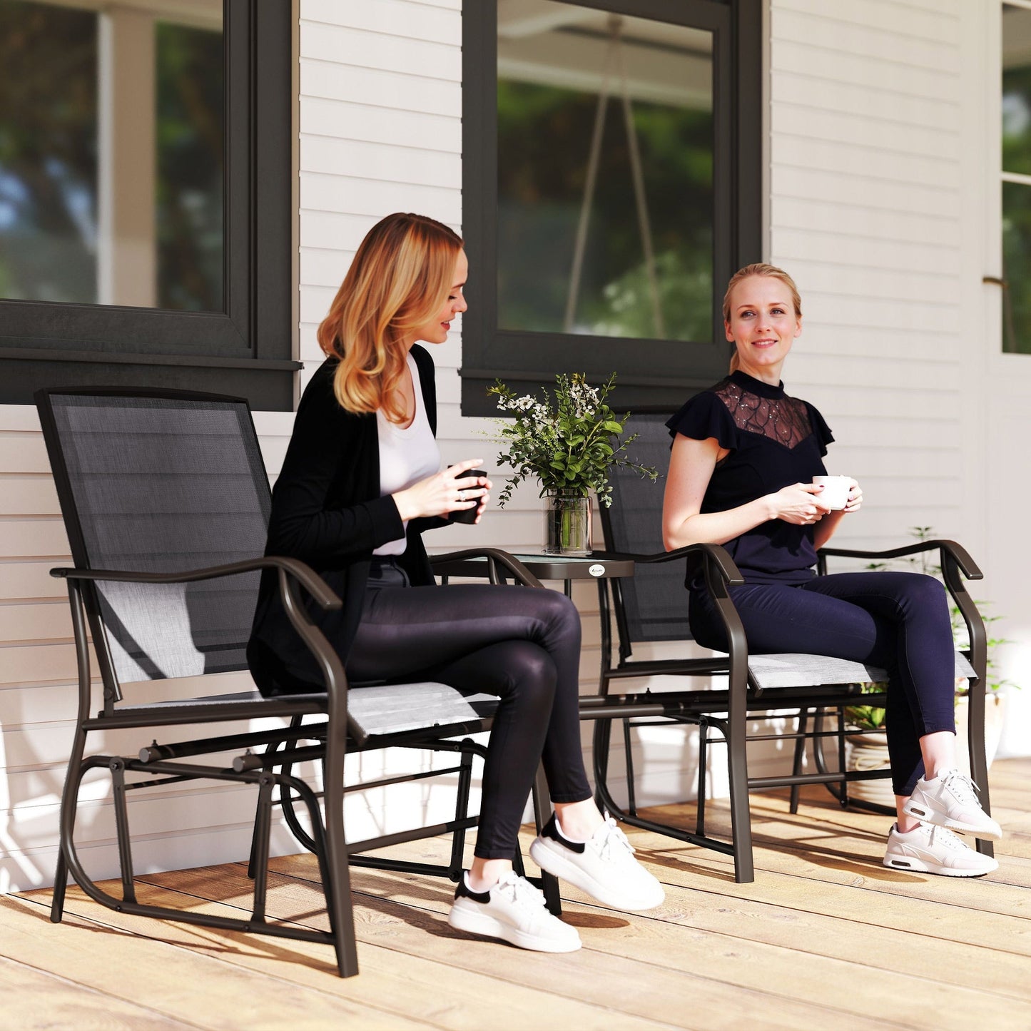 Outsunny Gliding Jack and Jill Seat, with Glass-Top Table - Brown/Grey