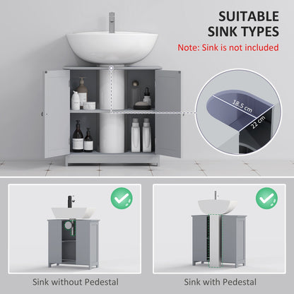 kleankin 60x60cm Under-Sink Storage Cabinet w/ Adjustable Shelf Handles Drain Hole Bathroom Cabinet Space Saver Organizer Grey