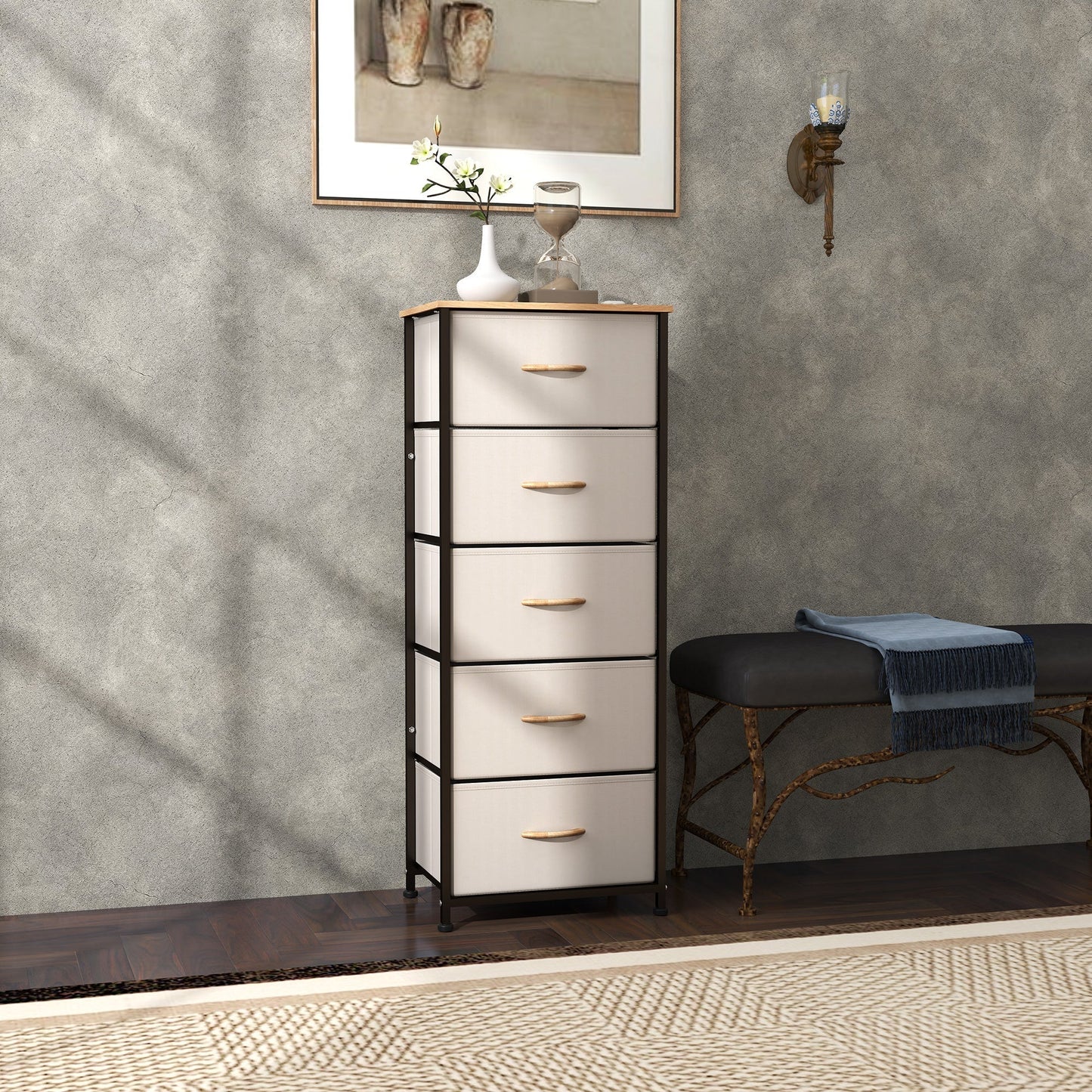 HOMCOM Fabric Chest of Drawers, Industrial Bedroom Dresser with 5 Fabric Drawers, Steel Frame and Wooden Top for Nursery, Living Room, Hallway, Cream White