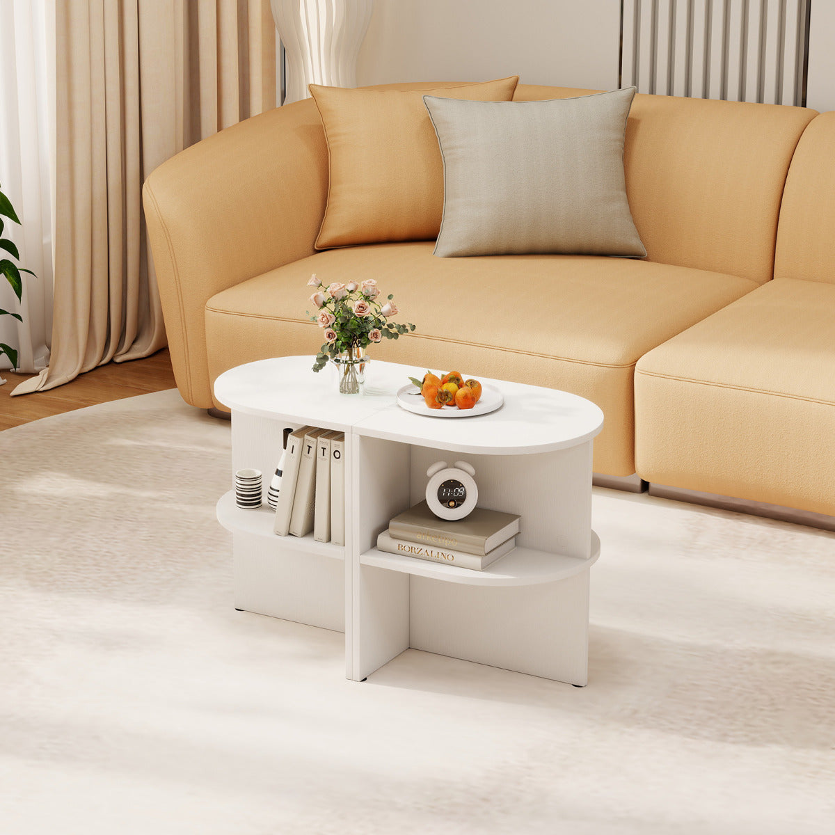 Half Round End Table 2-Tier Half Moon Side Table with Open Shelves-White