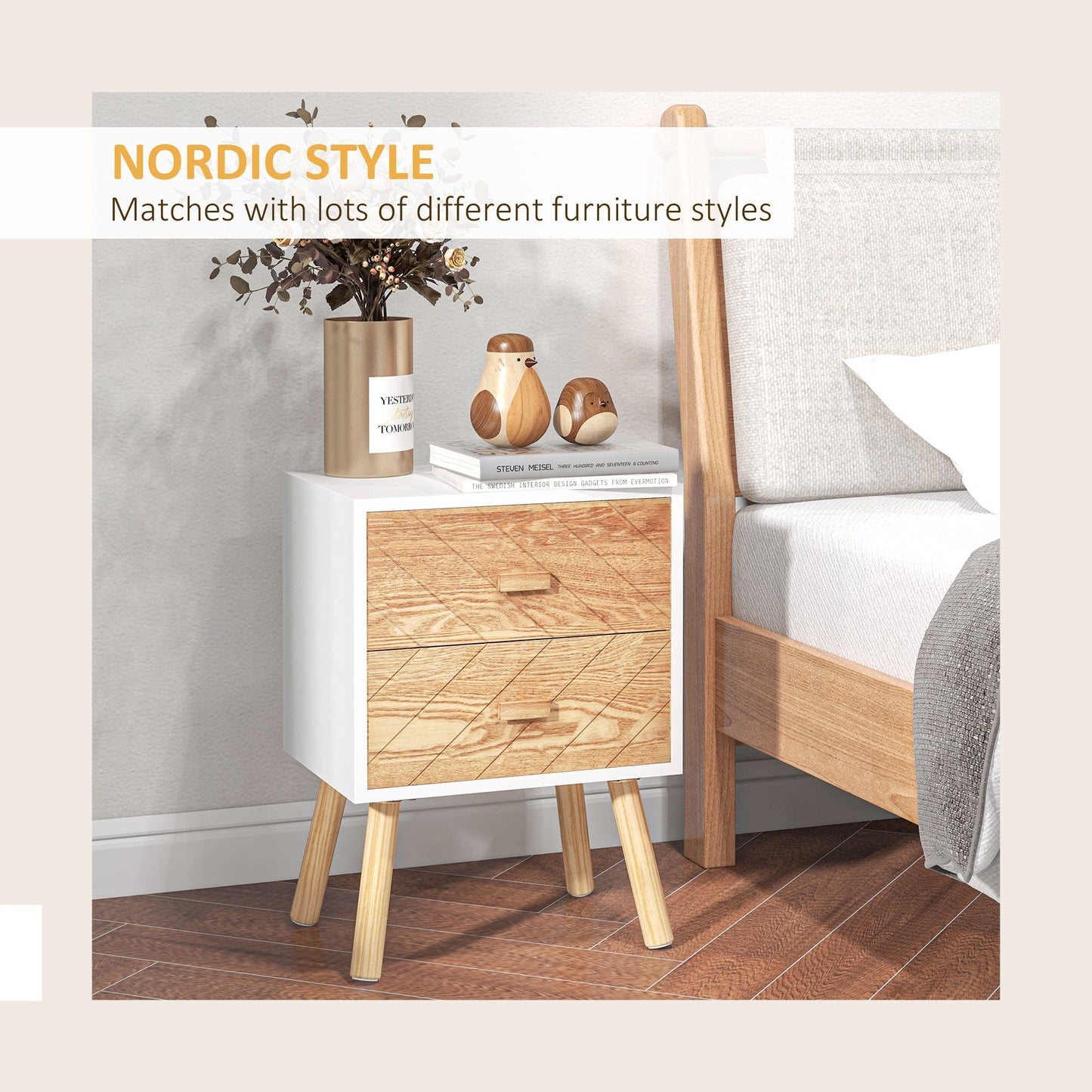 HOMCOM Bedside Table Set of 2, Modern Bedside Cabinets with Drawer and Pine Wood Legs, Nightstand for Bedroom, White and Natural