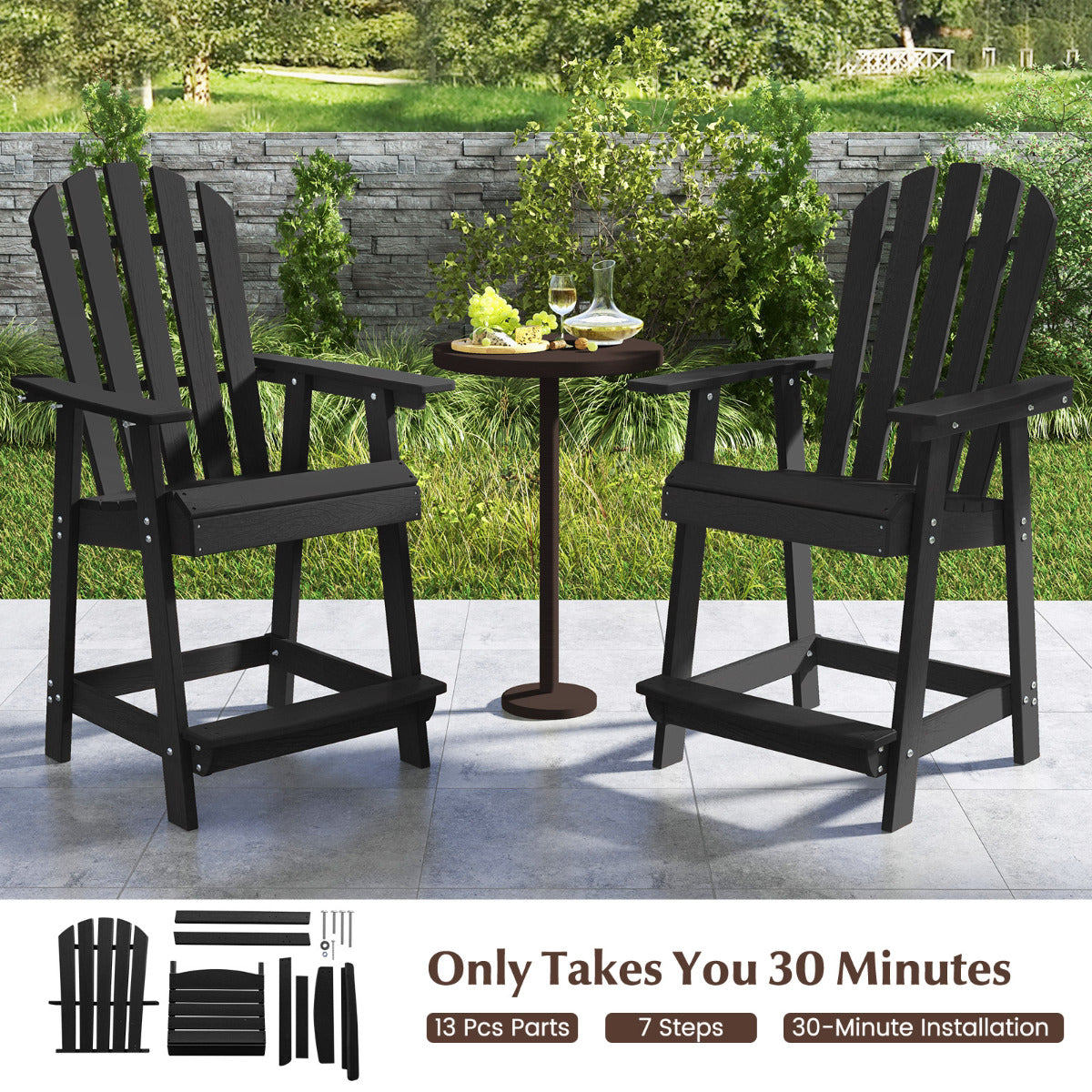 Outdoor HDPE Bar Stool with Armrest Footrest for Garden Poolside Set of 2-Black