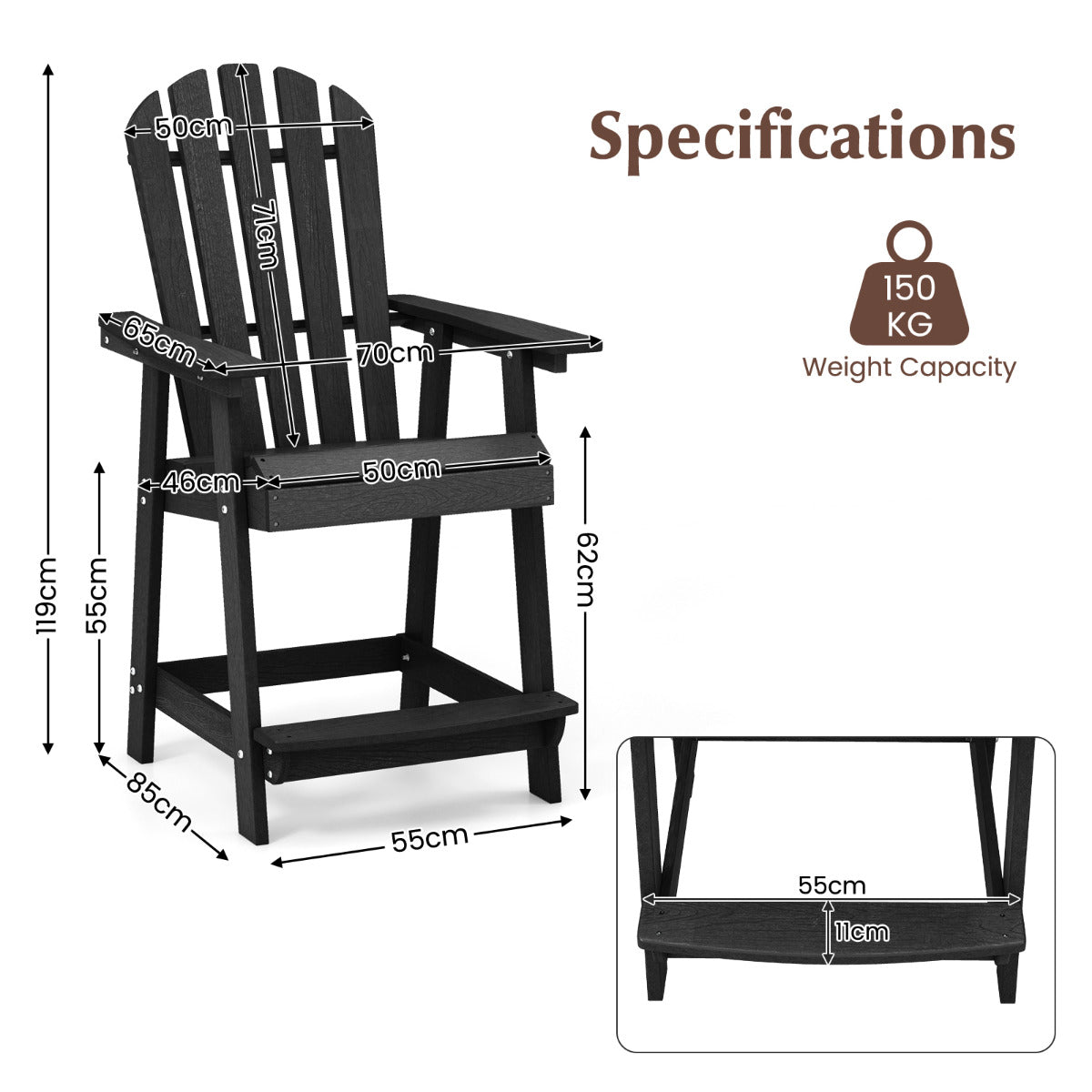Outdoor HDPE Bar Stool with Armrest Footrest for Garden Poolside Set of 2-Black