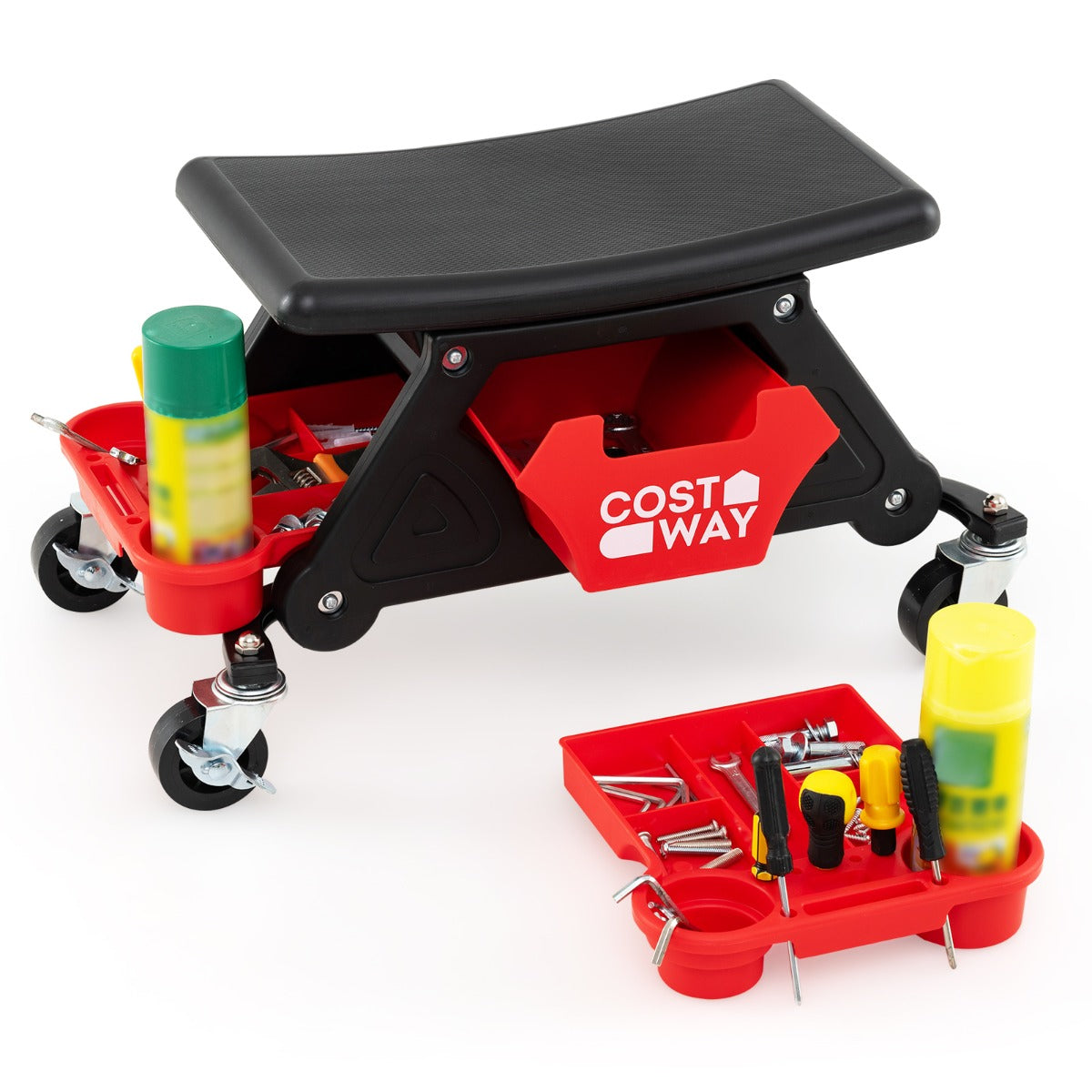 Heavy-Duty Garage Stool on Wheels with Slide Out Drawer and 2 Partition Trays-Black & Red