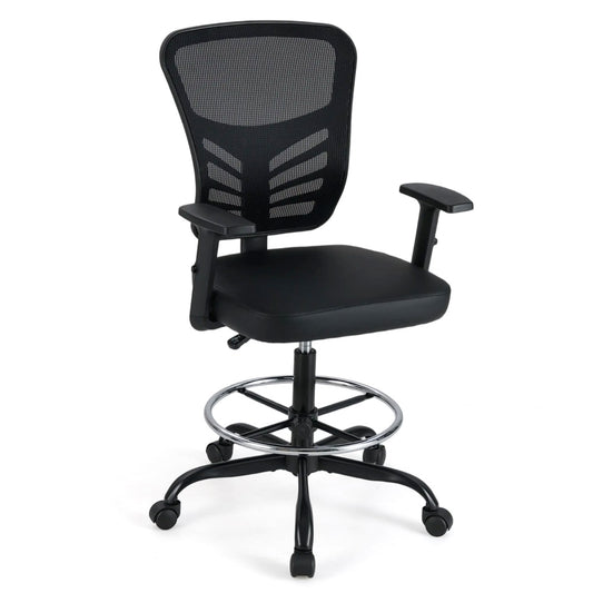 Height-adjustable Drafting Chair with Adjustable Armrests and Footrest Ring-Black