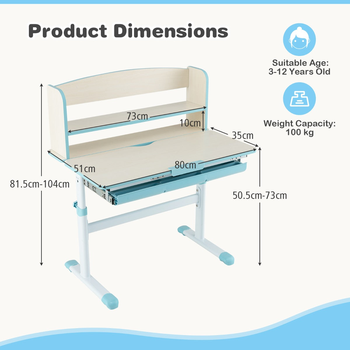 Height Adjustable Children Writing Table with Tilt Desktop and Hutch-Blue
