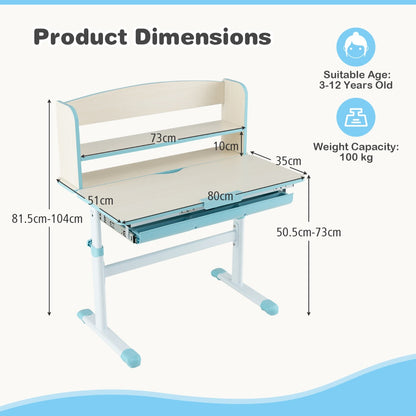 Height Adjustable Children Writing Table with Tilt Desktop and Hutch-Blue