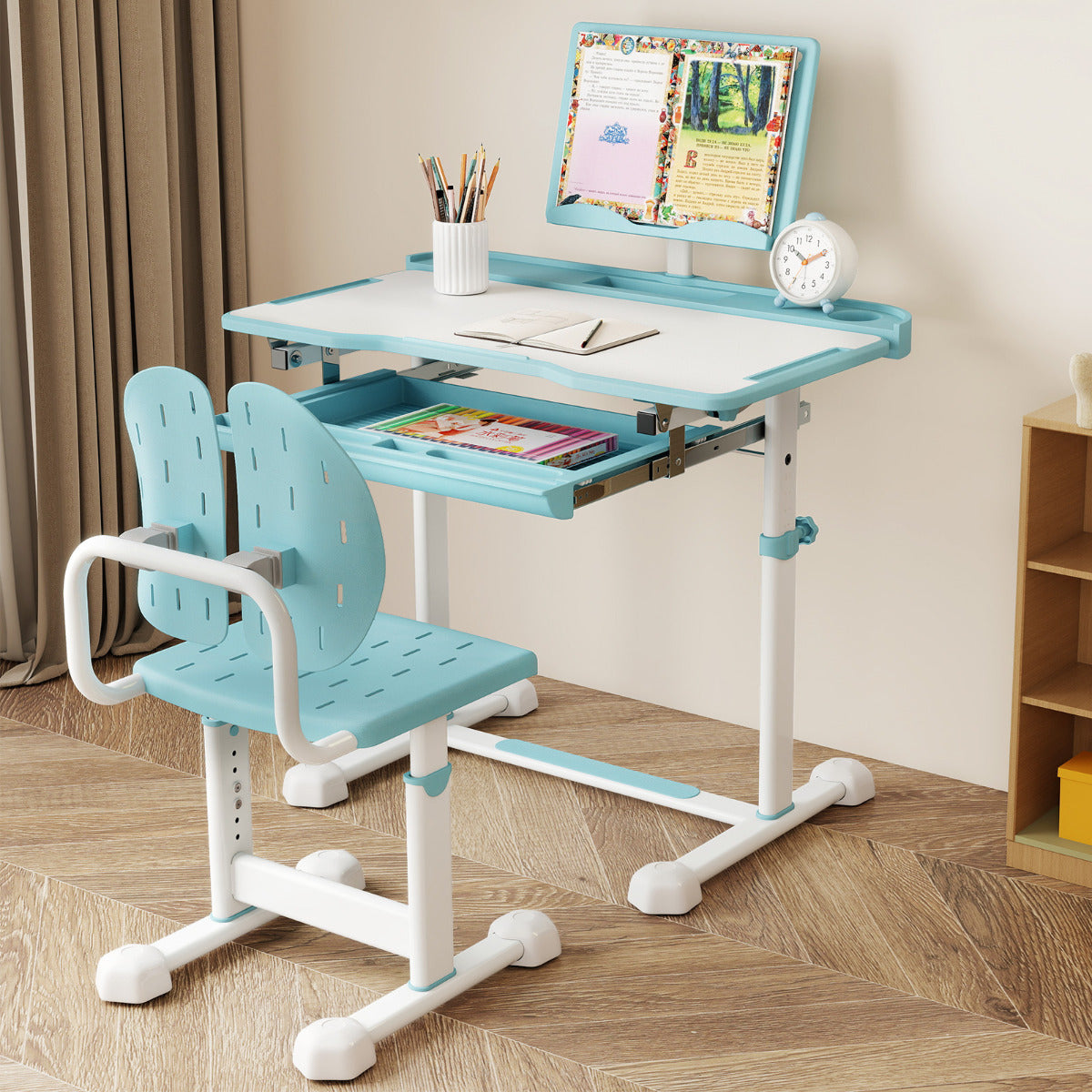 Height-Adjustable Kid's Study Desk and Chair Set with Tilt Desktop and Footrest Bar-Blue