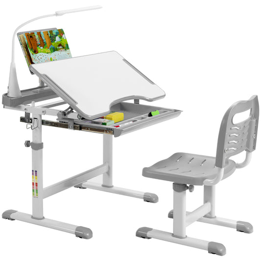 Height Adjustable Kid's Tilted Desk Set with Lamp & Drawer-Grey