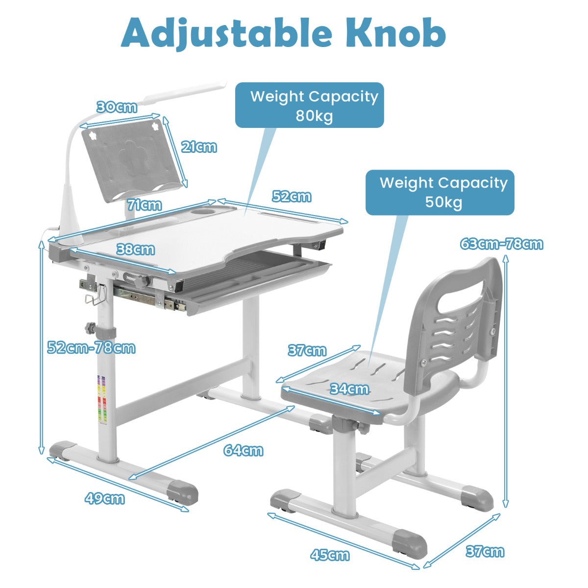Height Adjustable Kid's Tilted Desk Set with Lamp & Drawer-Grey