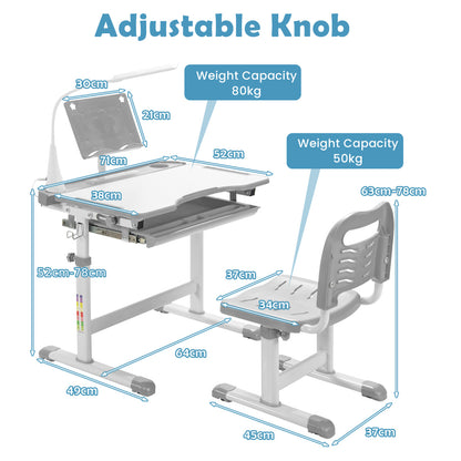Height Adjustable Kid's Tilted Desk Set with Lamp & Drawer-Grey