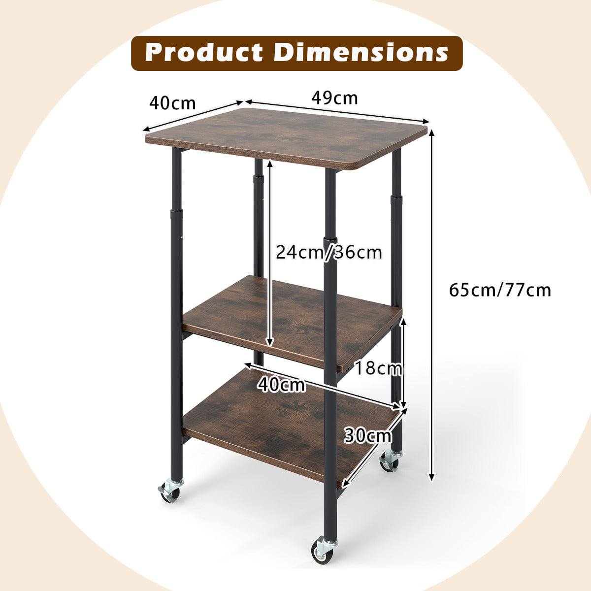 Height Adjustable Printer Stand with Storage Shelves and Locking Wheels-Rustic Brown
