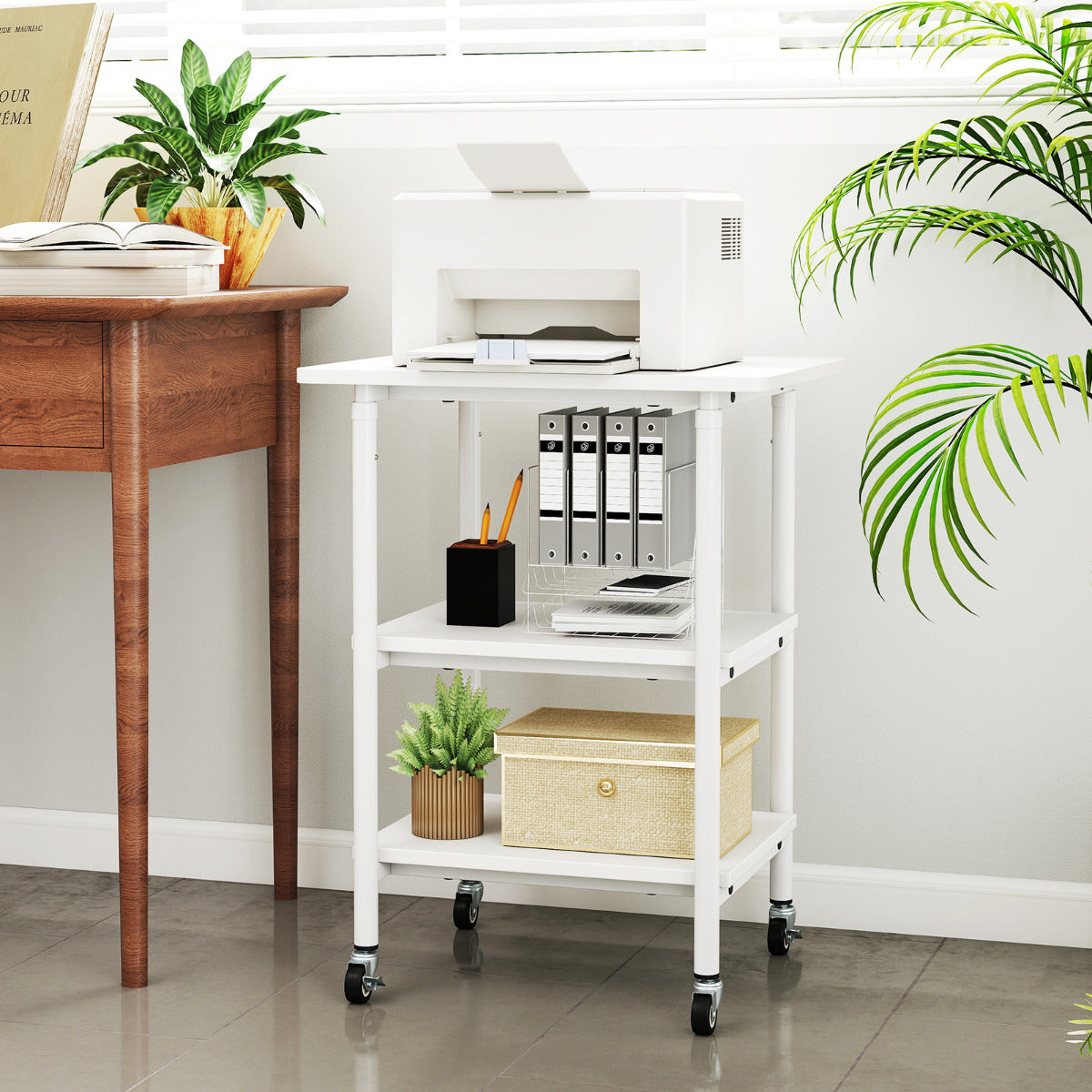 Height Adjustable Printer Stand with Storage Shelves and Locking Wheels-White