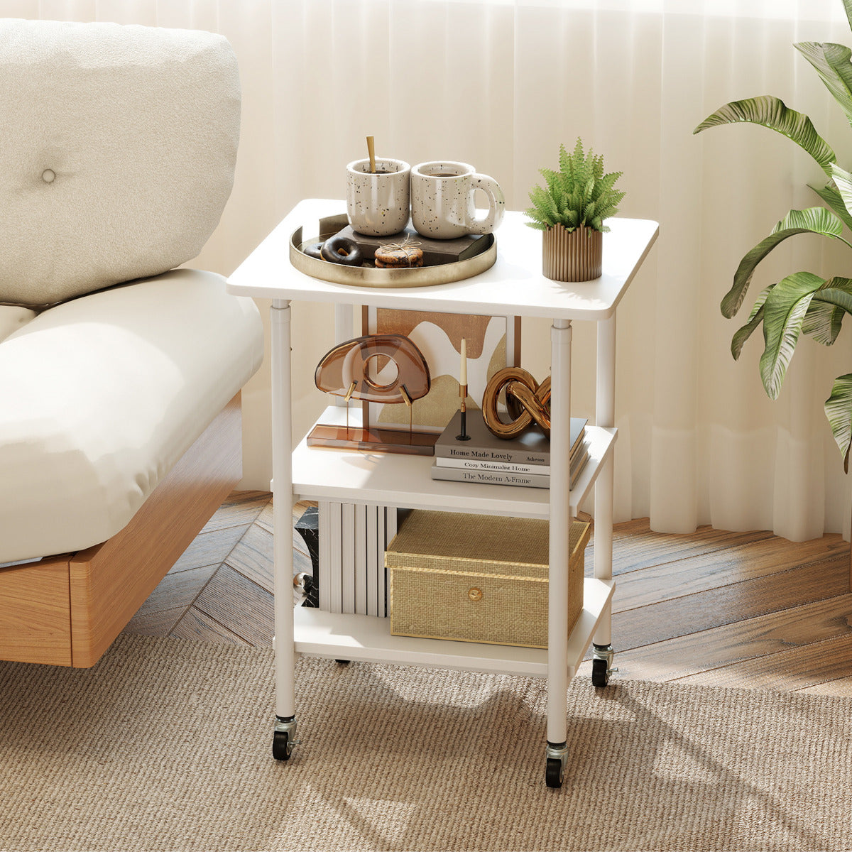 Height Adjustable Printer Stand with Storage Shelves and Locking Wheels-White