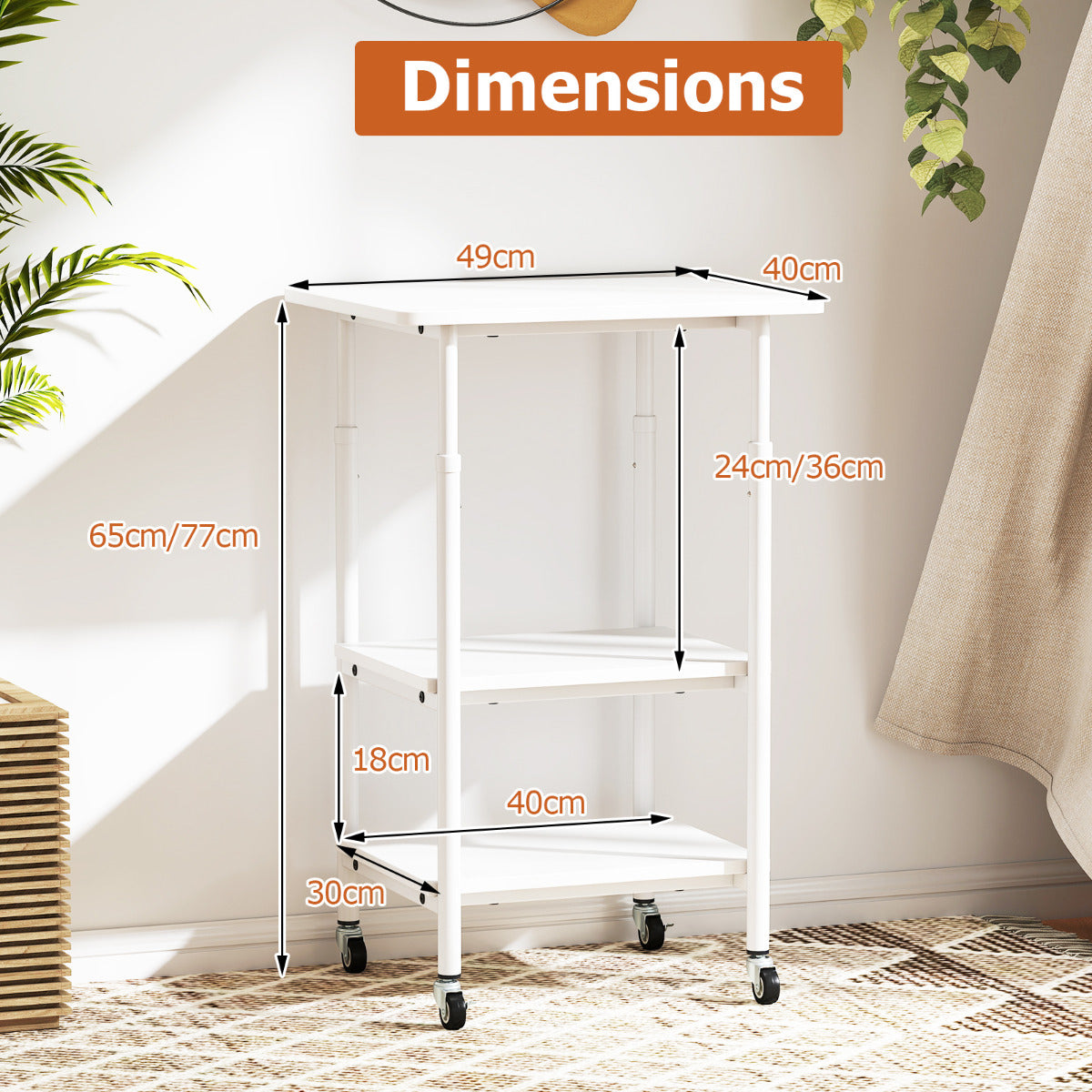 Height Adjustable Printer Stand with Storage Shelves and Locking Wheels-White