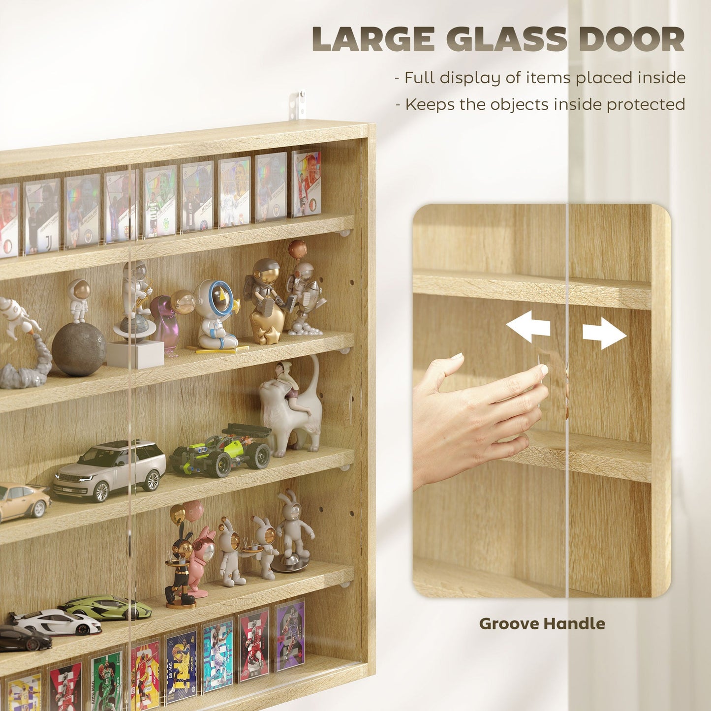 HOMCOM 5-Tier Wall Display Shelf Unit Cabinet w/ 4 Adjustable Shelves Glass Doors Home Office Ornaments 60x80cm Oak