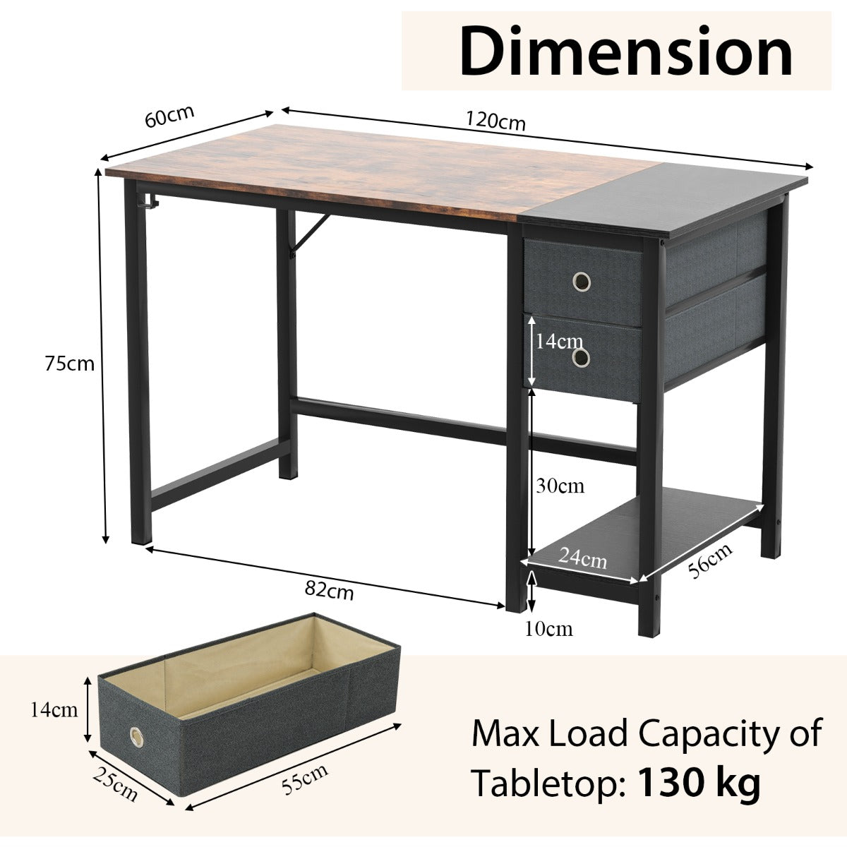 120 cm/140 cm Home Office Desk with 2 Drawers Hanging Hook-S