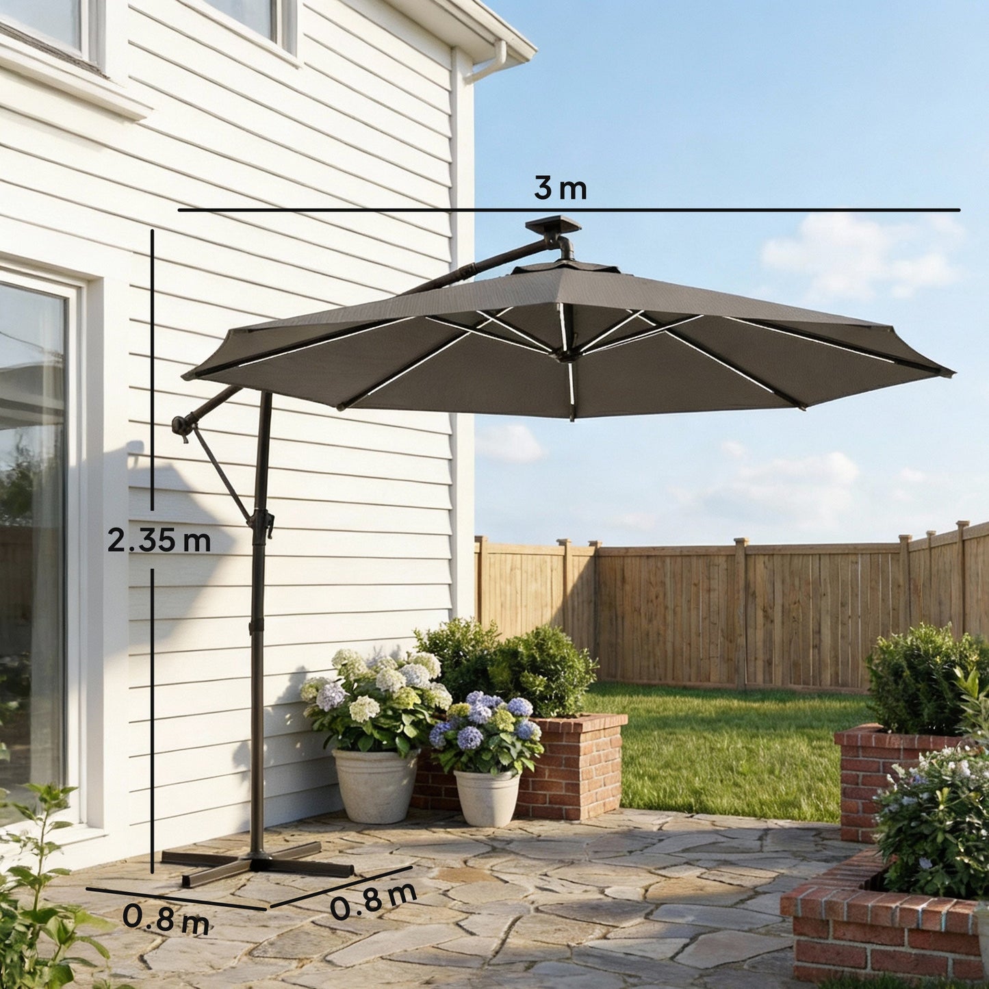 Outsunny 3 m Garden Cantilever Parasol with LED Solar Light, Round Overhanging Umbrella with 360Â° Rotation, Cover, Grey