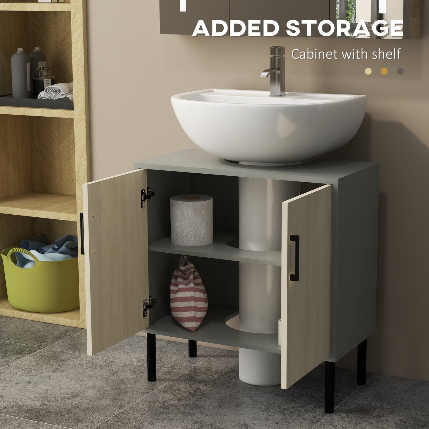 kleankin Bathroom Furniture Set with Doors, Tall Bathroom Cabinet with Adjustable Shelves, Under Sink Cabinet, Grey