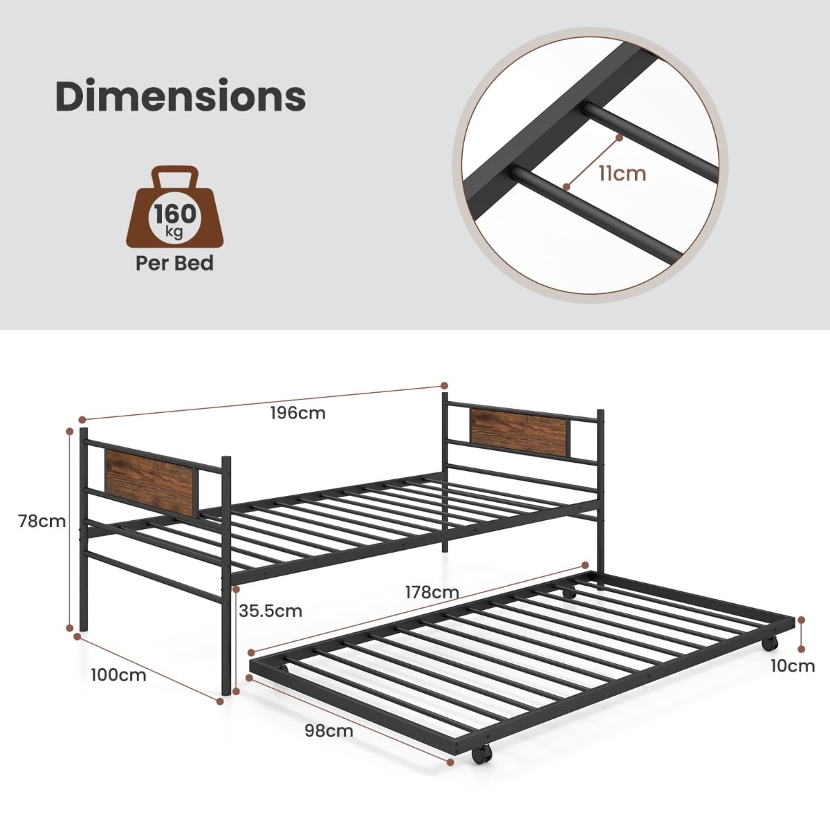 Metal Daybed with Pull-out Trundle and Headboard-Single Size