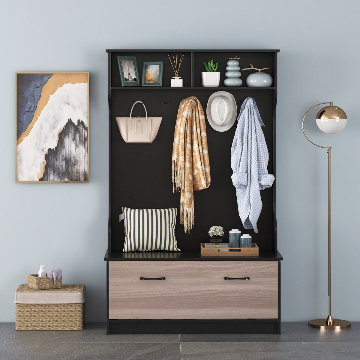 63 Inches Hall Tree with Coat Rack and Storage Bench-Black