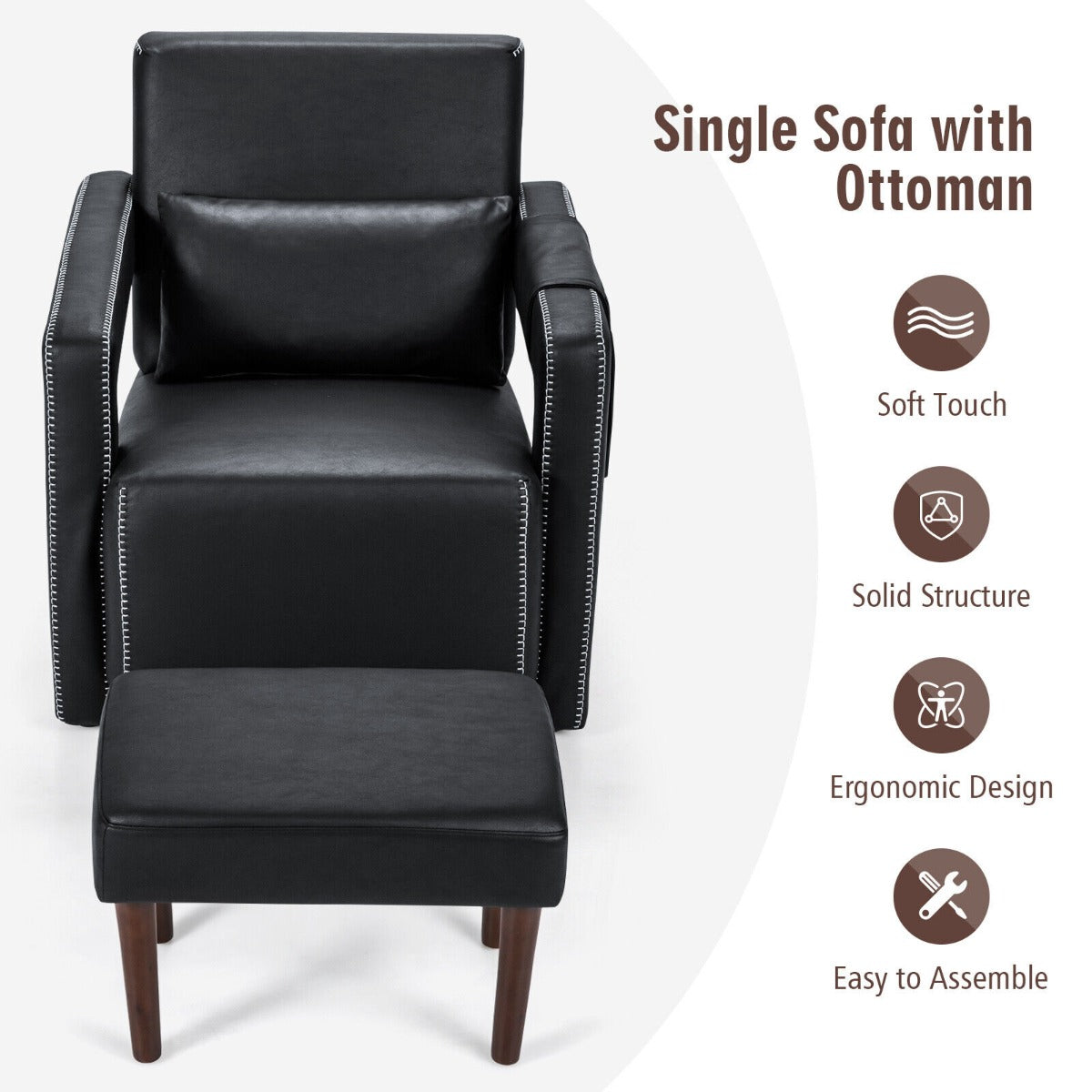 Upholstered Padded Accent Chair with Footstool and Lumbar Pillow-Black