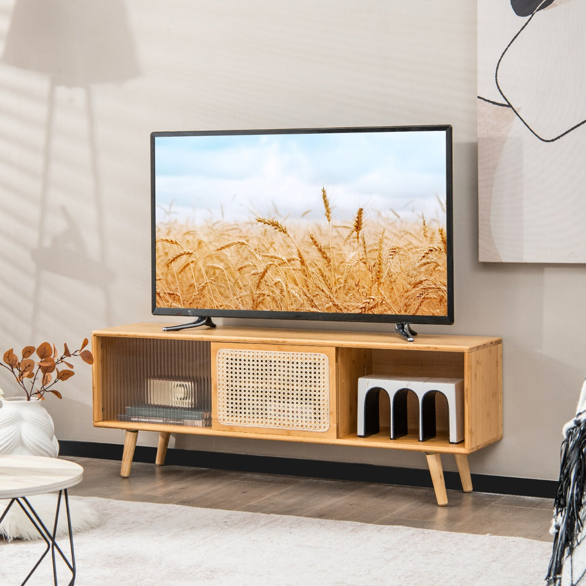 Bamboo Entertainment Center with Rattan and Tempered Glass Sliding Doors-Natural