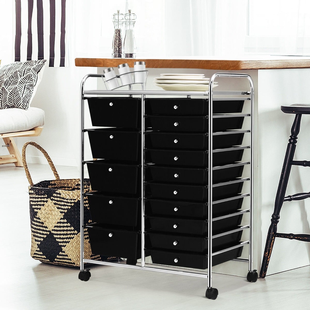 15 Drawer Rolling Storage Cart with 4 Wheels for Beauty Salon-Black