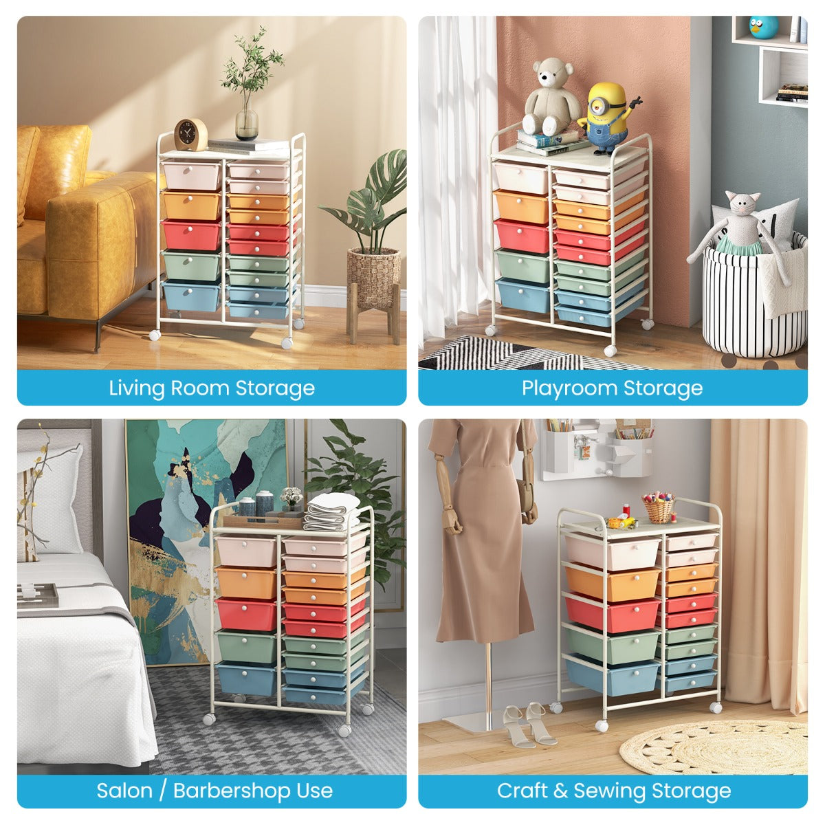 15 Drawer Rolling Storage Cart with 4 Wheels for Beauty Salon-Colourful