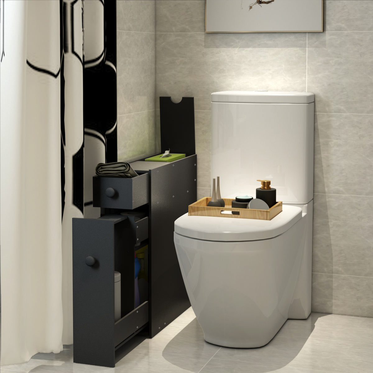 Narrow niche shelf with drawers bathroom cabinet made of wood side cabinet black