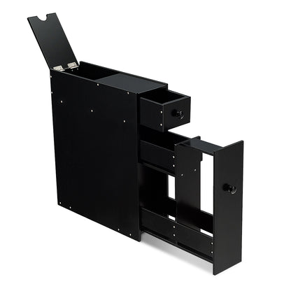 Narrow niche shelf with drawers bathroom cabinet made of wood side cabinet black