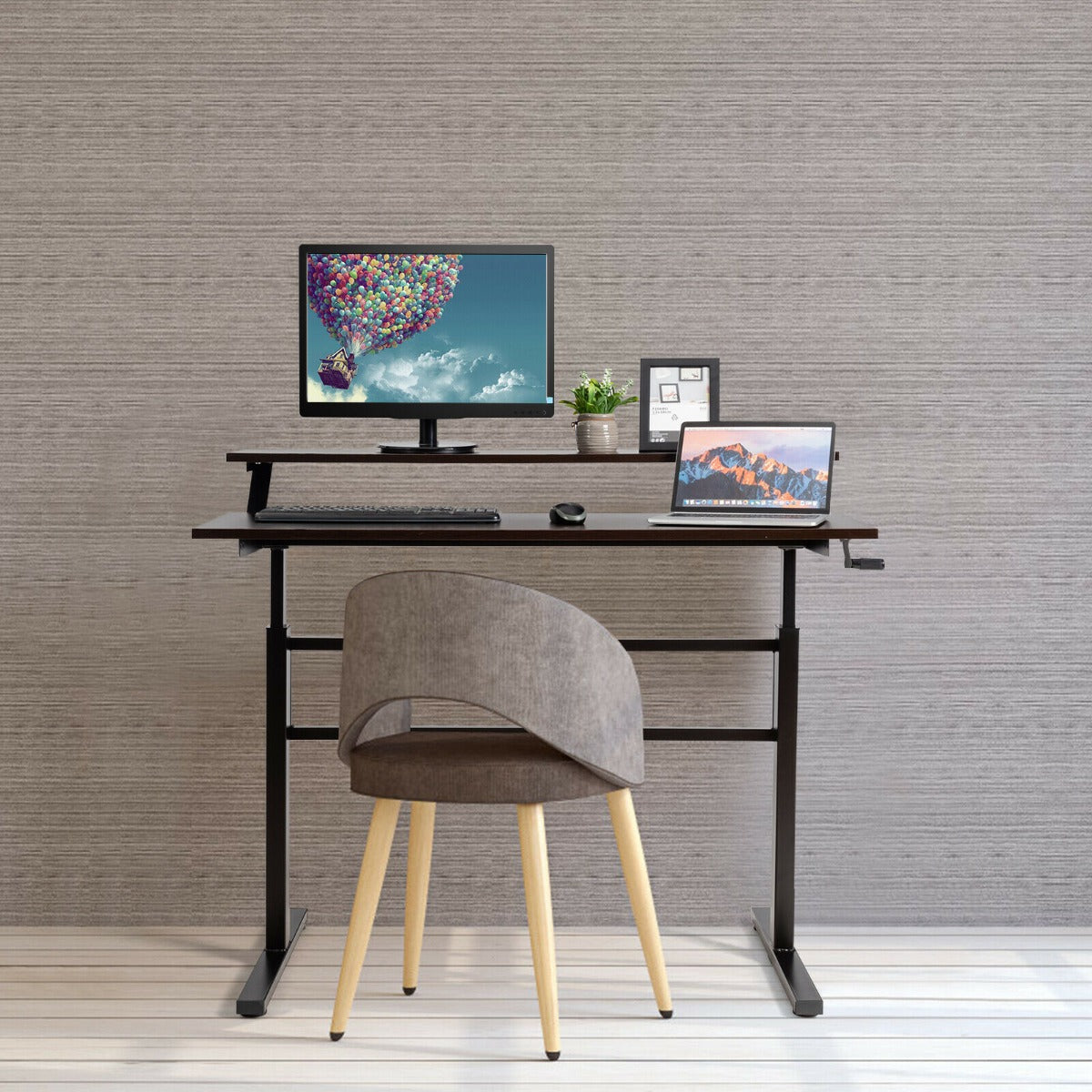 2-Tier Height Adjustable Standing Desk with Crank Handle-Coffee