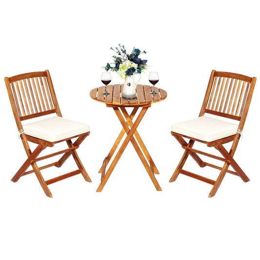 3 Piece Folding Bistro Set with Cushions for Patio-Beige