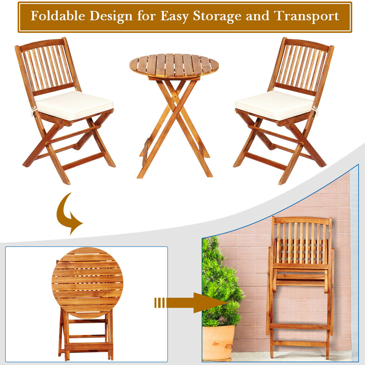 3 Piece Folding Bistro Set with Cushions for Patio-Beige