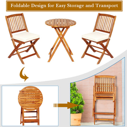 3 Piece Folding Bistro Set with Cushions for Patio-Beige